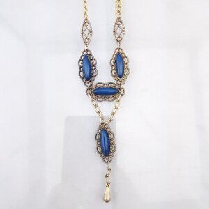 Vintage 70’s Toffano Panel Link Toggle Necklace Lapis Blue Lucite Estate Boho